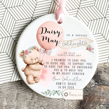 Personalised Promise to Godchild Christening Baptism Gift Baby Goddaughter Girl Teddy Bear Balloon Ceramic or acrylic Ornament Keepsake