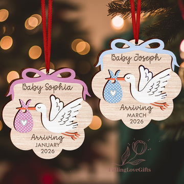 Pregnancy Announcement Ornament 2 Layer Wooden Ornament, Baby Arrival Stork, Cute Gender Reveal Keepsake, New Baby Gift Custom Baby Due Soon