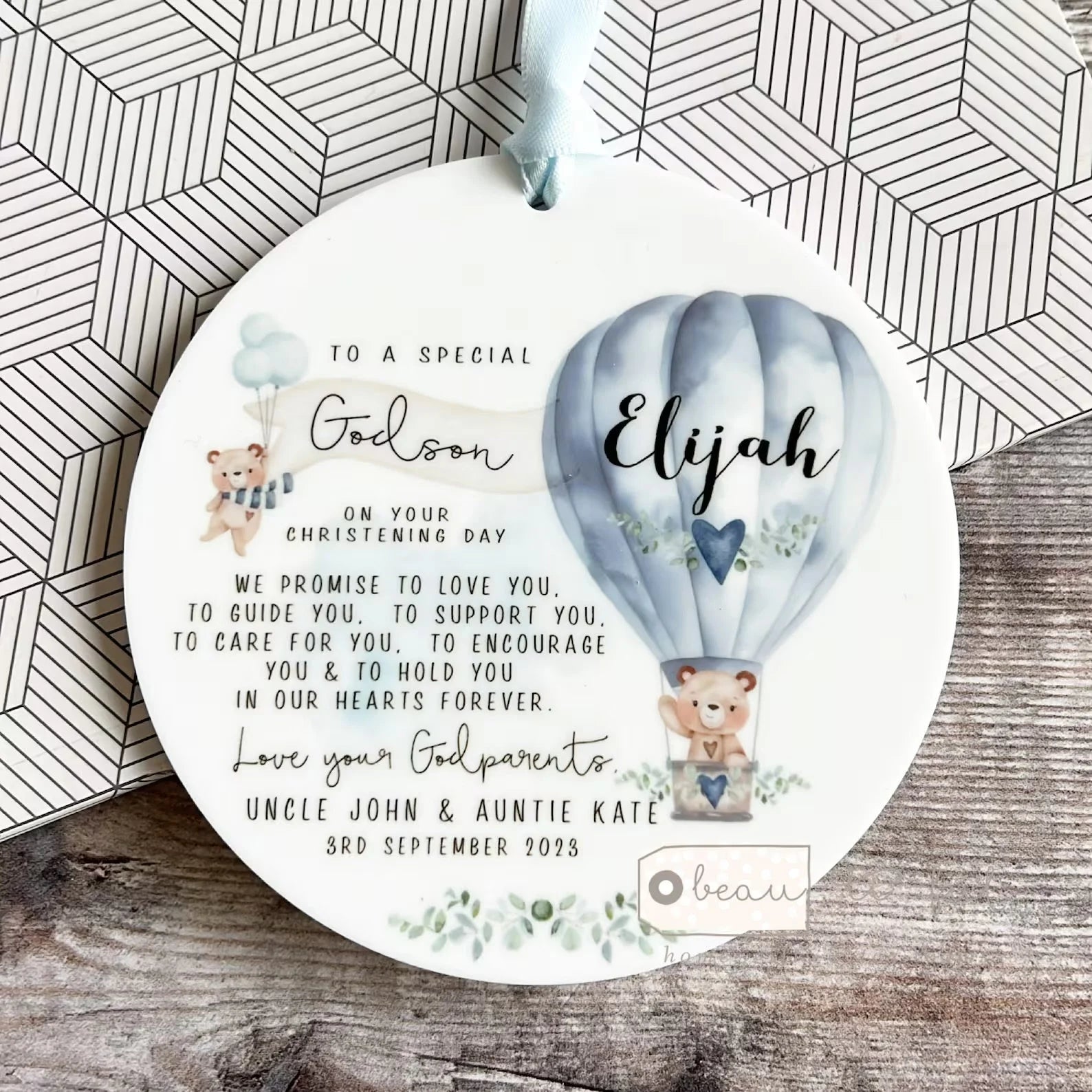 Personalised Promise to Godchild Christening Baptism Gift Baby Goddaughter Girl Teddy Bear Balloon Ceramic or acrylic Ornament Keepsake