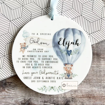 Personalised Promise to Godchild Christening Baptism Gift Baby Goddaughter Girl Teddy Bear Balloon Ceramic or acrylic Ornament Keepsake