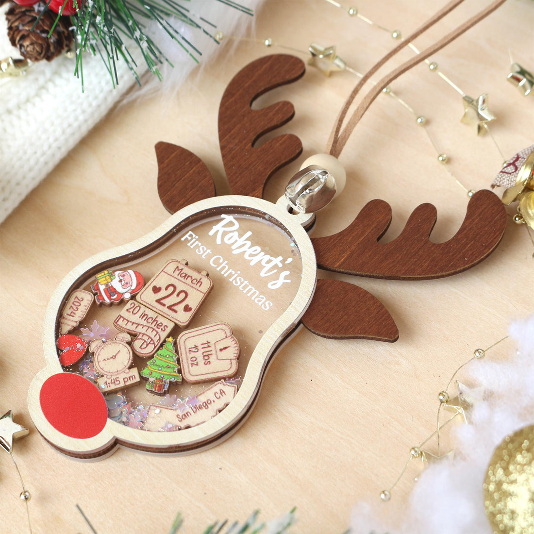 Personalized Baby's First Christmas Ornament 2025: Shakeable Acrylic &amp; Wood Keepsake