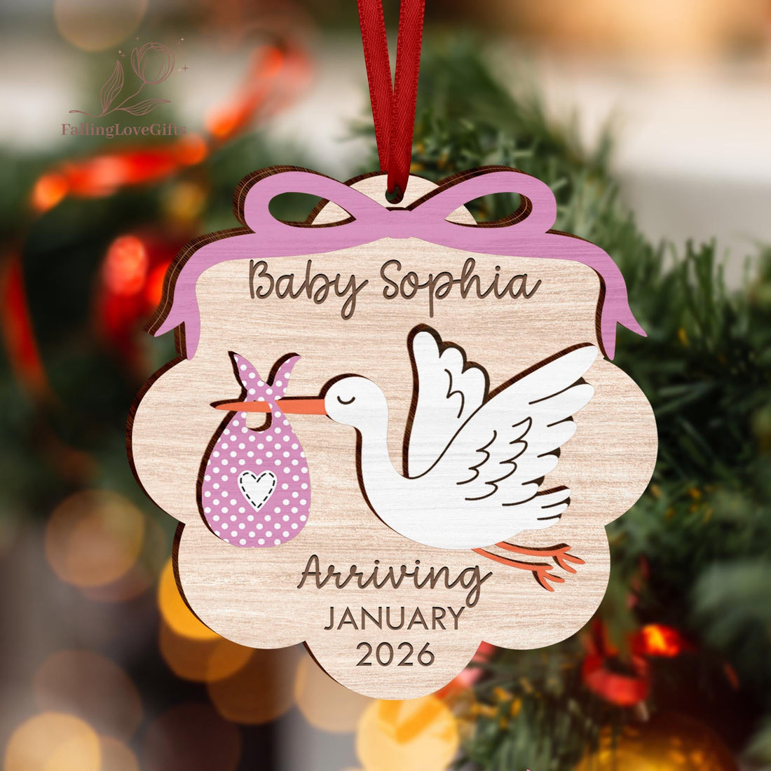 Pregnancy Announcement Ornament 2 Layer Wooden Ornament, Baby Arrival Stork, Cute Gender Reveal Keepsake, New Baby Gift Custom Baby Due Soon